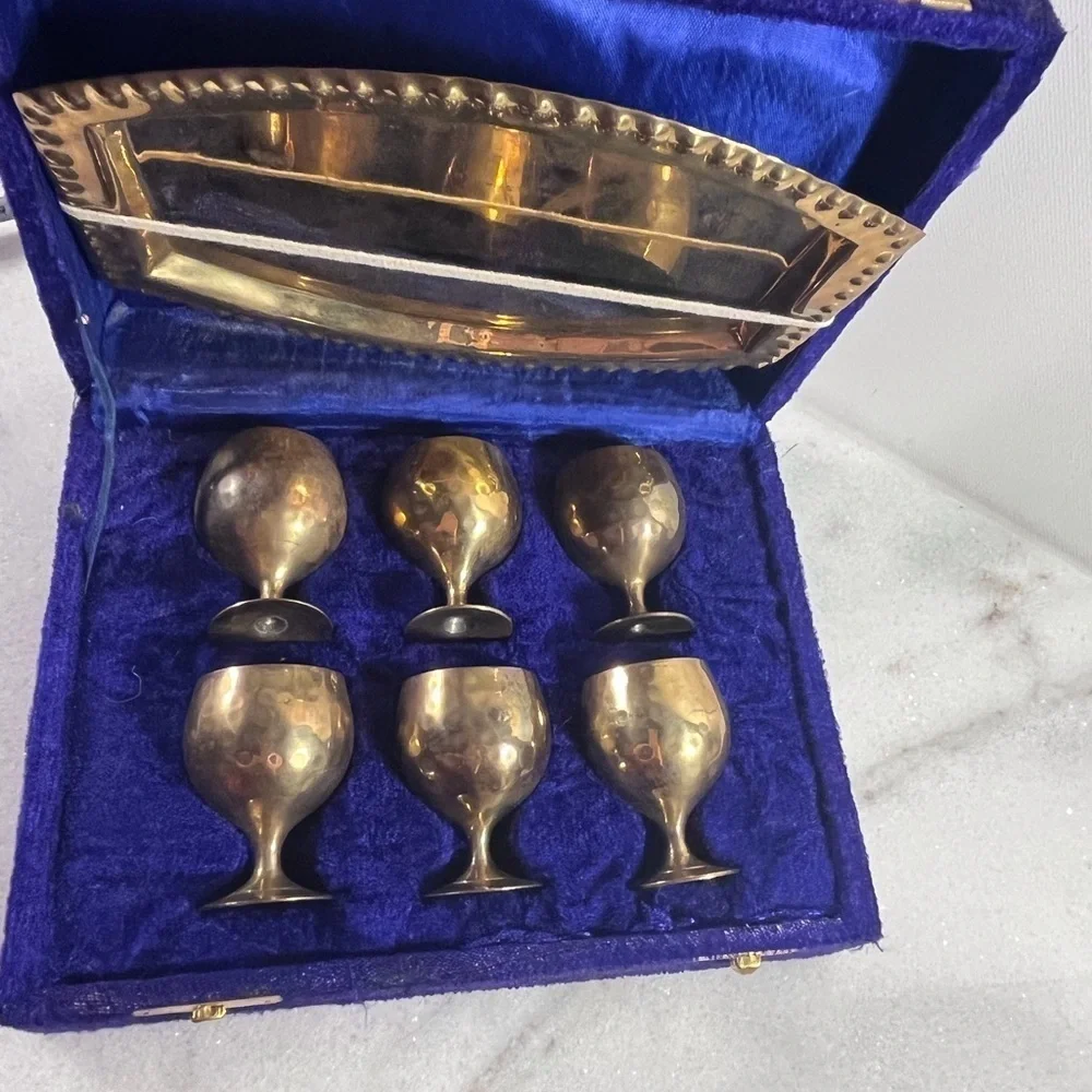 Vintage Brass Set 6 Small Cordial Wine Goblets Tray Original Box